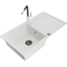 Mexen Leo 1-bowl granite sink with drainer and Flora kitchen faucet, white - 6501-20-670401-07-B