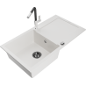 Mexen Leo single-bowl granite sink with drainer and Flora kitchen tap, white - 6501-20-670401-07-B