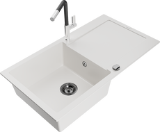 Mexen Leo single-bowl granite sink with drainer and Flora kitchen tap, white - 6501-20-670401-07-B