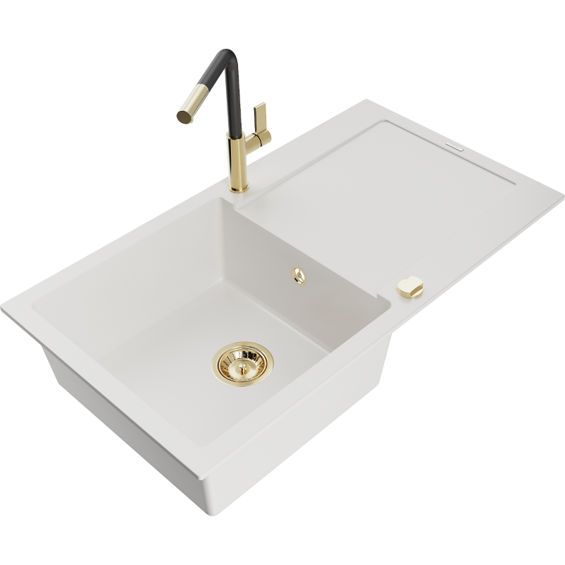 Mexen Leo granite kitchen sink single-bowl with drainer and Flora kitchen tap, white - 6501-20-670401-57-G