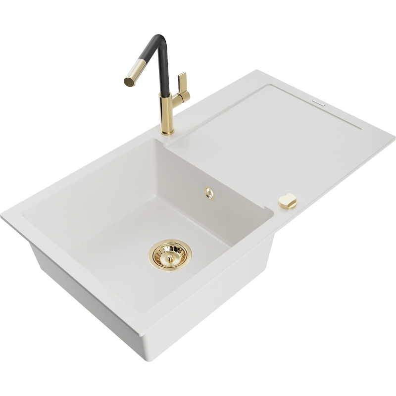 Mexen Leo granite sink 1-bowl with drainer and Flora kitchen faucet, white - 6501-20-670401-57-G