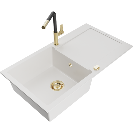 Mexen Leo granite sink 1-bowl with drainer and Flora kitchen faucet, white - 6501-20-670401-57-G