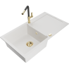 Mexen Leo granite kitchen sink single-bowl with drainer and Flora kitchen tap, white - 6501-20-670401-57-G