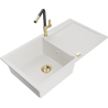 Mexen Leo granite sink 1-bowl with drainer and Flora kitchen faucet, white - 6501-20-670401-57-G