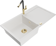 Mexen Leo granite sink 1-bowl with drainer and Flora kitchen faucet, white - 6501-20-670401-57-G