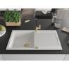 Mexen Leo granite sink 1-bowl with drainer and Flora kitchen faucet, white - 6501-20-670401-57-G