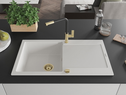 Mexen Leo 1-compartment granite sink with a drip tray and kitchen mixer tap Flora, White - 6501-20-670401-57-G