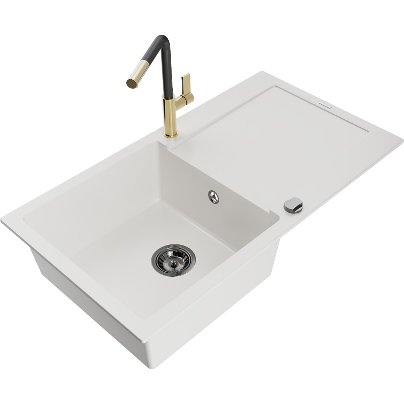 Mexen Leo granite kitchen sink 1-bowl with drainer and Flora kitchen faucet, white - 6501-20-670401-57-B