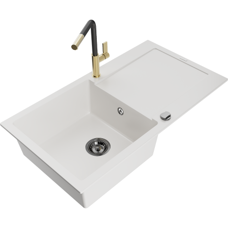Mexen Leo 1-bowl granite sink with drainer and Flora kitchen faucet, white - 6501-20-670401-57-B