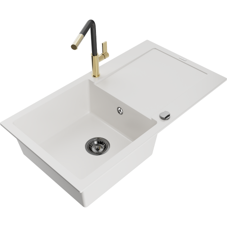 Mexen Leo granite sink 1-bowl with drainer and Flora kitchen tap, white - 6501-20-670401-57-B