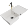 Mexen Leo 1-bowl granite sink with drainer and Flora kitchen faucet, white - 6501-20-670401-57-B