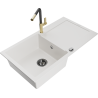 Mexen Leo granite kitchen sink 1-bowl with drainer and Flora kitchen faucet, white - 6501-20-670401-57-B