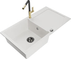 Mexen Leo granite kitchen sink 1-bowl with drainer and Flora kitchen faucet, white - 6501-20-670401-57-B