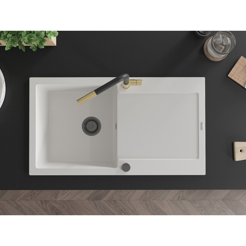 Mexen Leo 1-bowl granite sink with drainer and Flora kitchen faucet, white - 6501-20-670401-57-B