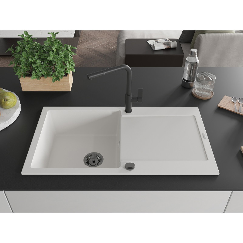 Mexen Leo single-bowl granite sink with drainer and Flora kitchen faucet, white - 6501-20-670401-70-B