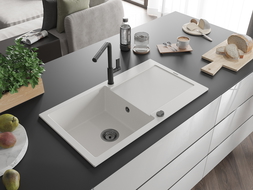 Mexen Leo single-bowl granite sink with drainer and Flora kitchen tap, white - 6501-20-670401-70-B