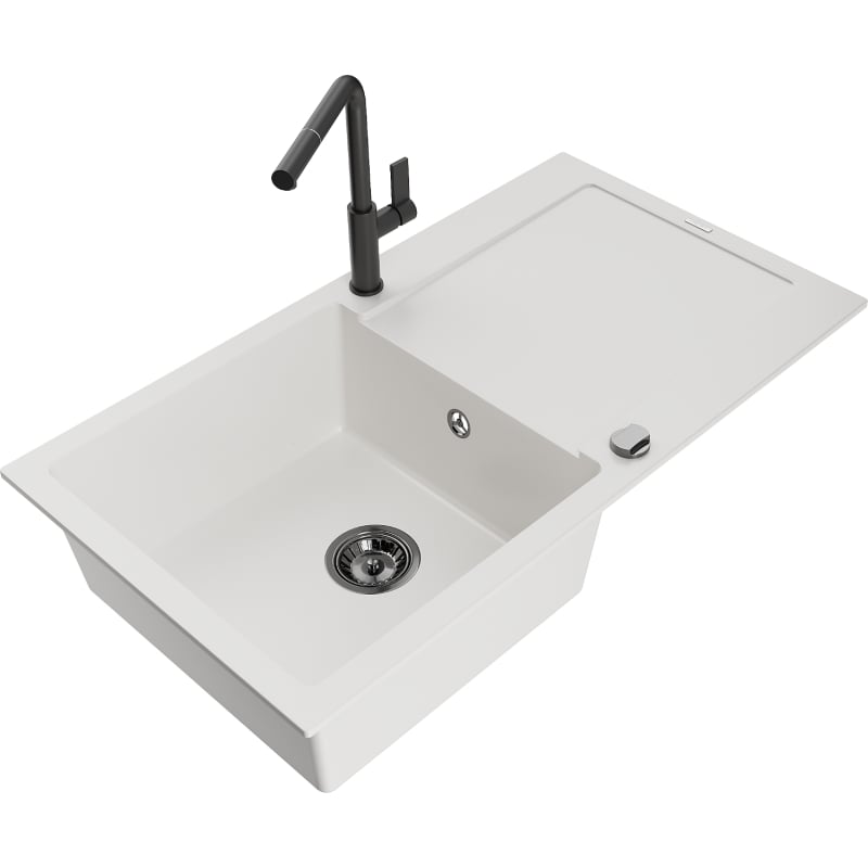 Mexen Leo single-bowl granite sink with drainer and Flora kitchen faucet, white - 6501-20-670401-70-B