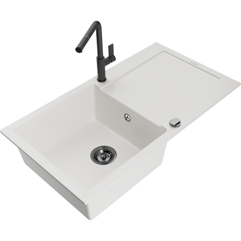Mexen Leo single-bowl granite sink with drainer and Flora kitchen tap, white - 6501-20-670401-70-B