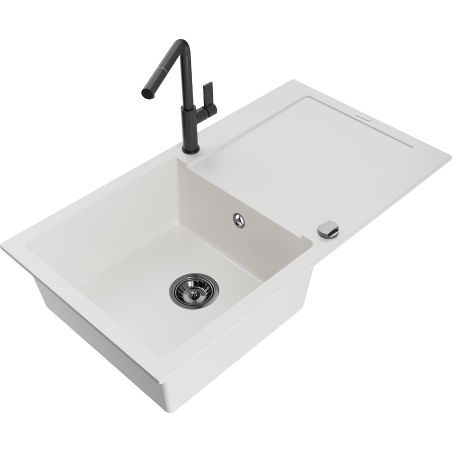 Mexen Leo granite kitchen sink 1-bowl with drainer and Flora kitchen faucet, white - 6501-20-670401-70-B