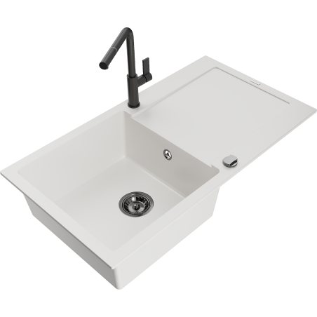 Mexen Leo single-bowl granite sink with drainer and Flora kitchen tap, white - 6501-20-670401-70-B