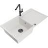 Mexen Leo single-bowl granite sink with drainer and Flora kitchen faucet, white - 6501-20-670401-70-B