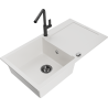 Mexen Leo single-bowl granite sink with drainer and Flora kitchen tap, white - 6501-20-670401-70-B