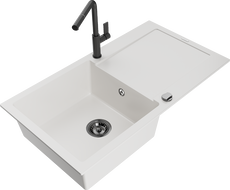 Mexen Leo granite kitchen sink 1-bowl with drainer and Flora kitchen faucet, white - 6501-20-670401-70-B