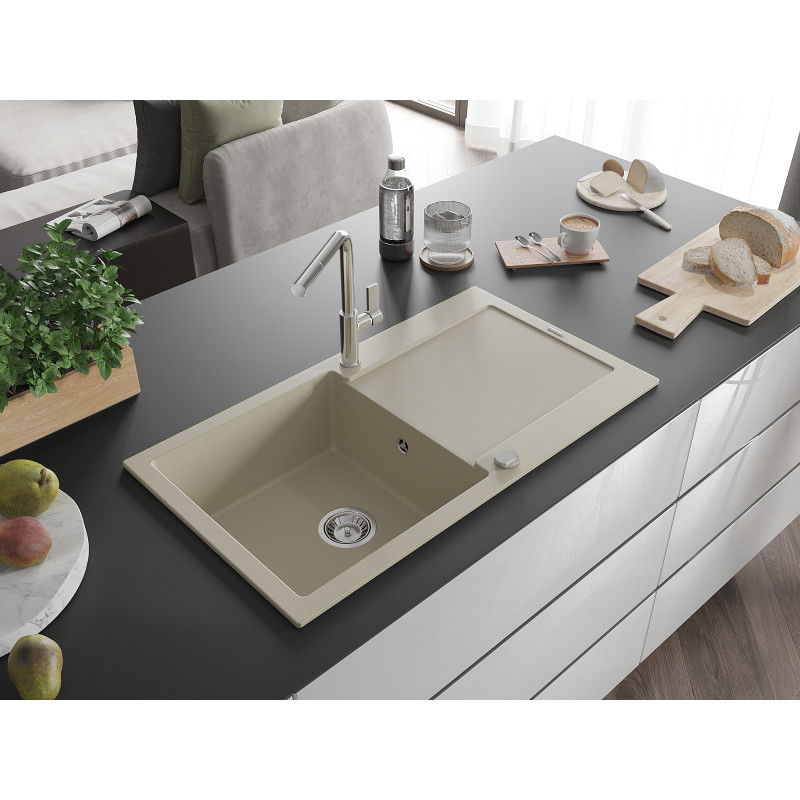 Mexen Leo granite sink 1-bowl with drainer and Flora kitchen tap, beige - 6501-69-670401-00
