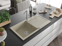 Mexen Leo 1-compartment granite sink with a drip tray and kitchen mixer tap Flora, Beige - 6501-69-670401-00