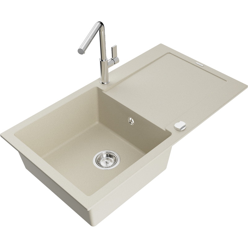 Mexen Leo granit sink 1-bowl with drainer and Flora kitchen faucet, beige - 6501-69-670401-00