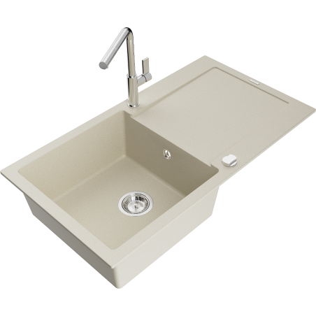 Mexen Leo granite sink 1-bowl with drainer and Flora kitchen tap, beige - 6501-69-670401-00