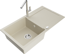 Mexen Leo 1-compartment granite sink with a drip tray and kitchen mixer tap Flora, Beige - 6501-69-670401-00