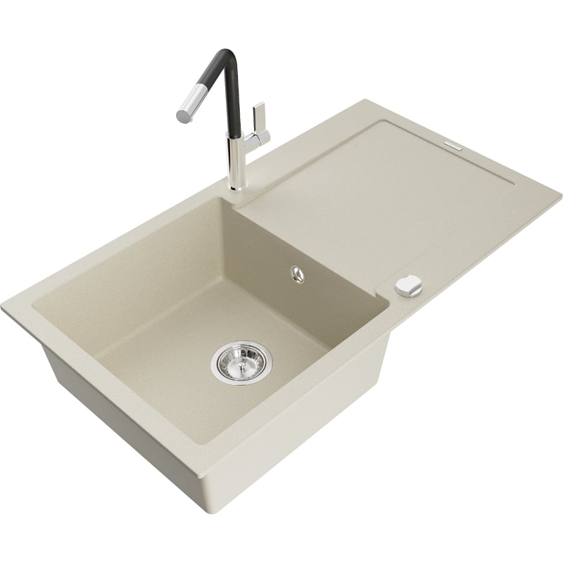 Mexen Leo 1-bowl granite sink with drainer and Flora kitchen faucet, beige - 6501-69-670401-07