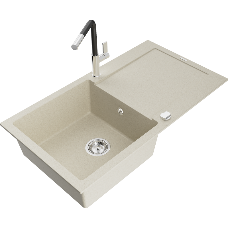 Mexen Leo granite sink 1-bowl with drainer and Flora kitchen tap, beige - 6501-69-670401-07