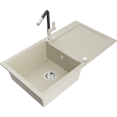 Mexen Leo 1-compartment granite sink with a drip tray and kitchen mixer tap Flora, Beige - 6501-69-670401-07
