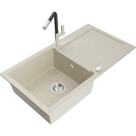 Mexen Leo granite sink 1-bowl with drainer and Flora kitchen tap, beige - 6501-69-670401-07