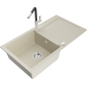 Mexen Leo 1-bowl granite sink with drainer and kitchen faucet Flora, beige - 6501-69-670401-07