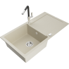 Mexen Leo granite sink 1-bowl with drainer and Flora kitchen tap, beige - 6501-69-670401-07