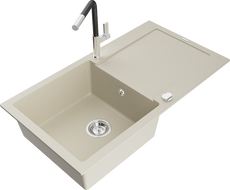 Mexen Leo 1-compartment granite sink with a drip tray and kitchen mixer tap Flora, Beige - 6501-69-670401-07