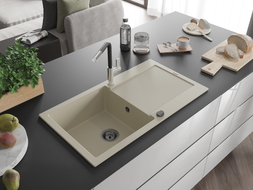 Mexen Leo granite kitchen sink 1-bowl with drainer and Flora kitchen faucet, beige - 6501-69-670401-07-B