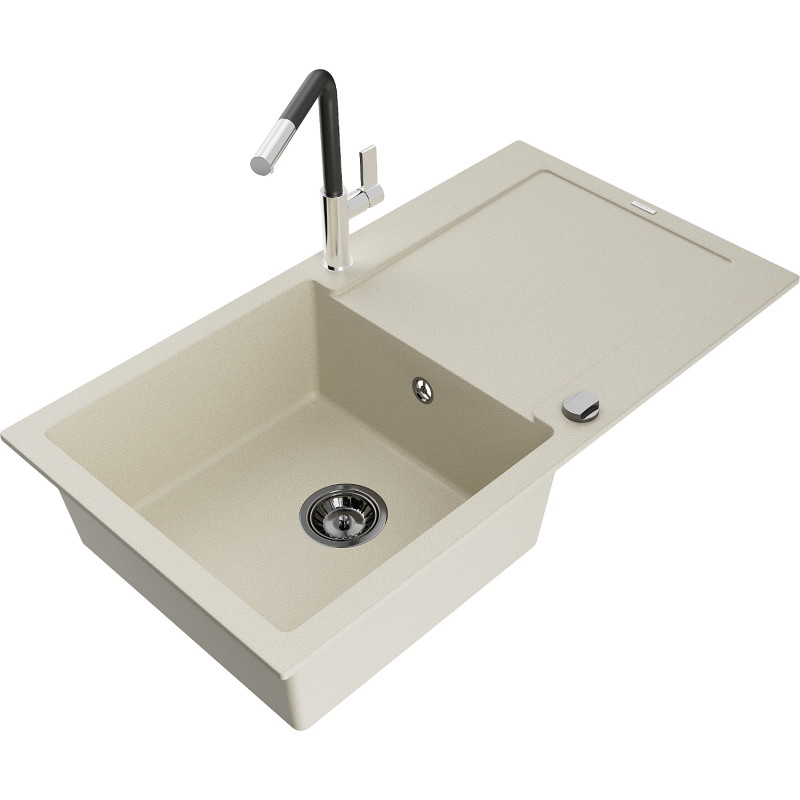 Mexen Leo granite kitchen sink 1-bowl with drainer and Flora kitchen faucet, beige - 6501-69-670401-07-B