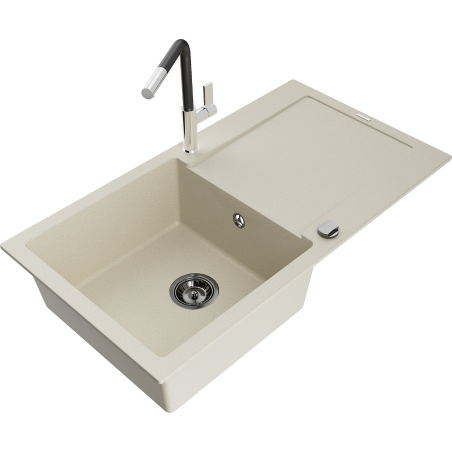 Mexen Leo 1-compartment granite sink with a drip tray and kitchen mixer tap Flora, Beige - 6501-69-670401-07-B