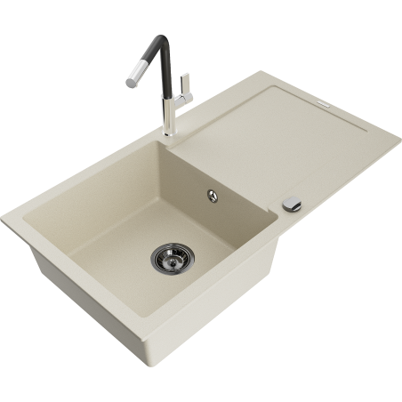Mexen Leo granite kitchen sink 1-bowl with drainer and Flora kitchen faucet, beige - 6501-69-670401-07-B