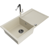 Mexen Leo 1-compartment granite sink with a drip tray and kitchen mixer tap Flora, Beige - 6501-69-670401-07-B