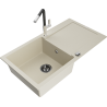 Mexen Leo granite kitchen sink 1-bowl with drainer and Flora kitchen faucet, beige - 6501-69-670401-07-B