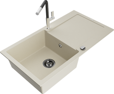 Mexen Leo granite kitchen sink 1-bowl with drainer and Flora kitchen faucet, beige - 6501-69-670401-07-B