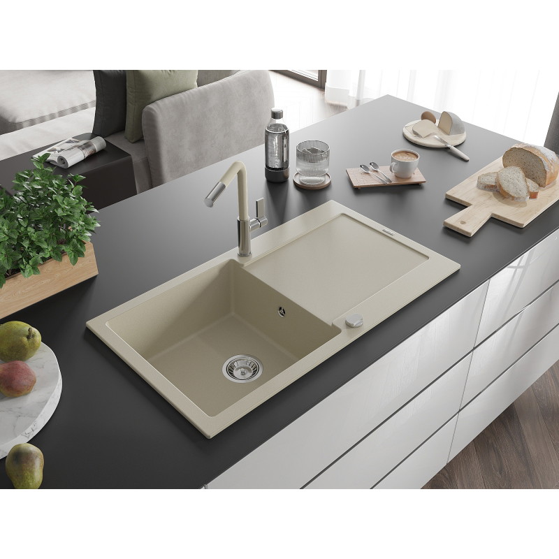 Mexen Leo granite kitchen sink 1-bowl with drainer and Flora kitchen faucet, beige - 6501-69-670401-09