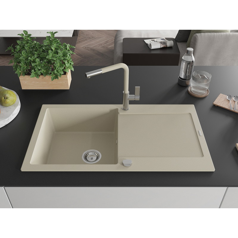 Mexen Leo 1-bowl granite sink with drainer and Flora kitchen faucet, beige - 6501-69-670401-09