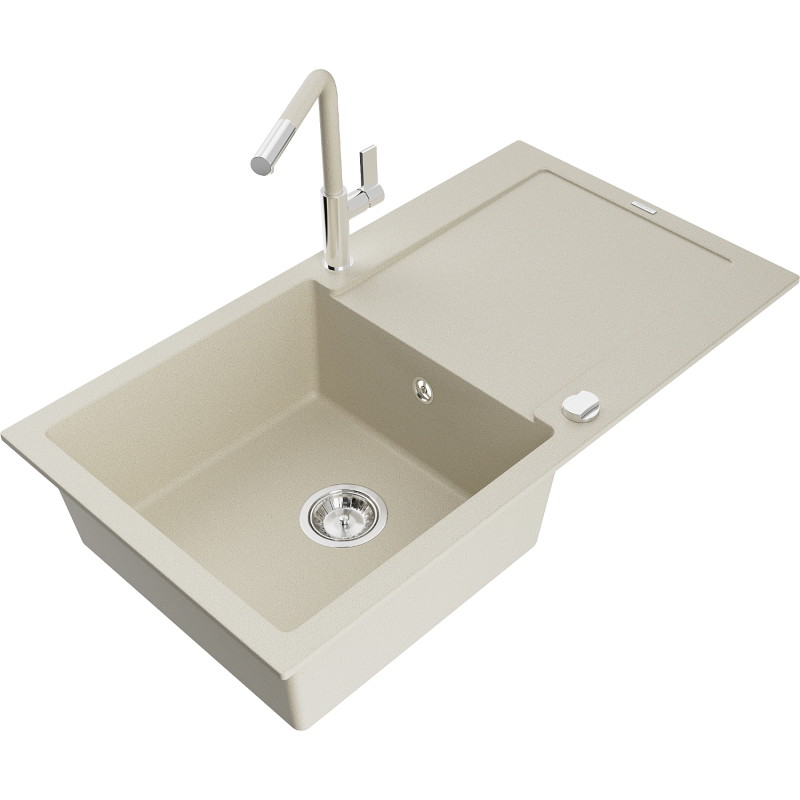 Mexen Leo 1-bowl granite sink with drainer and Flora kitchen faucet, beige - 6501-69-670401-09