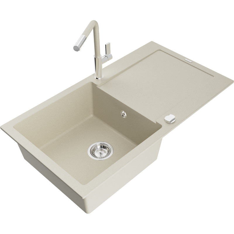 Mexen Leo 1-compartment granite sink with a drip tray and kitchen mixer tap Flora, Beige - 6501-69-670401-09